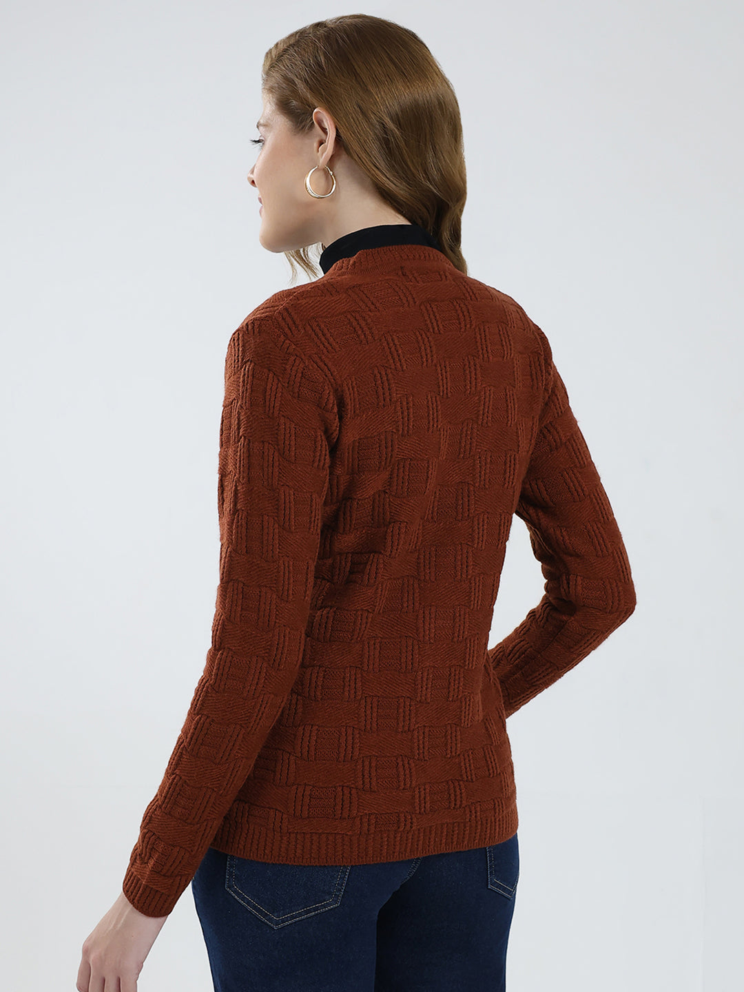 Women Brown Self Design V Neck Full Sleeve Cardigan