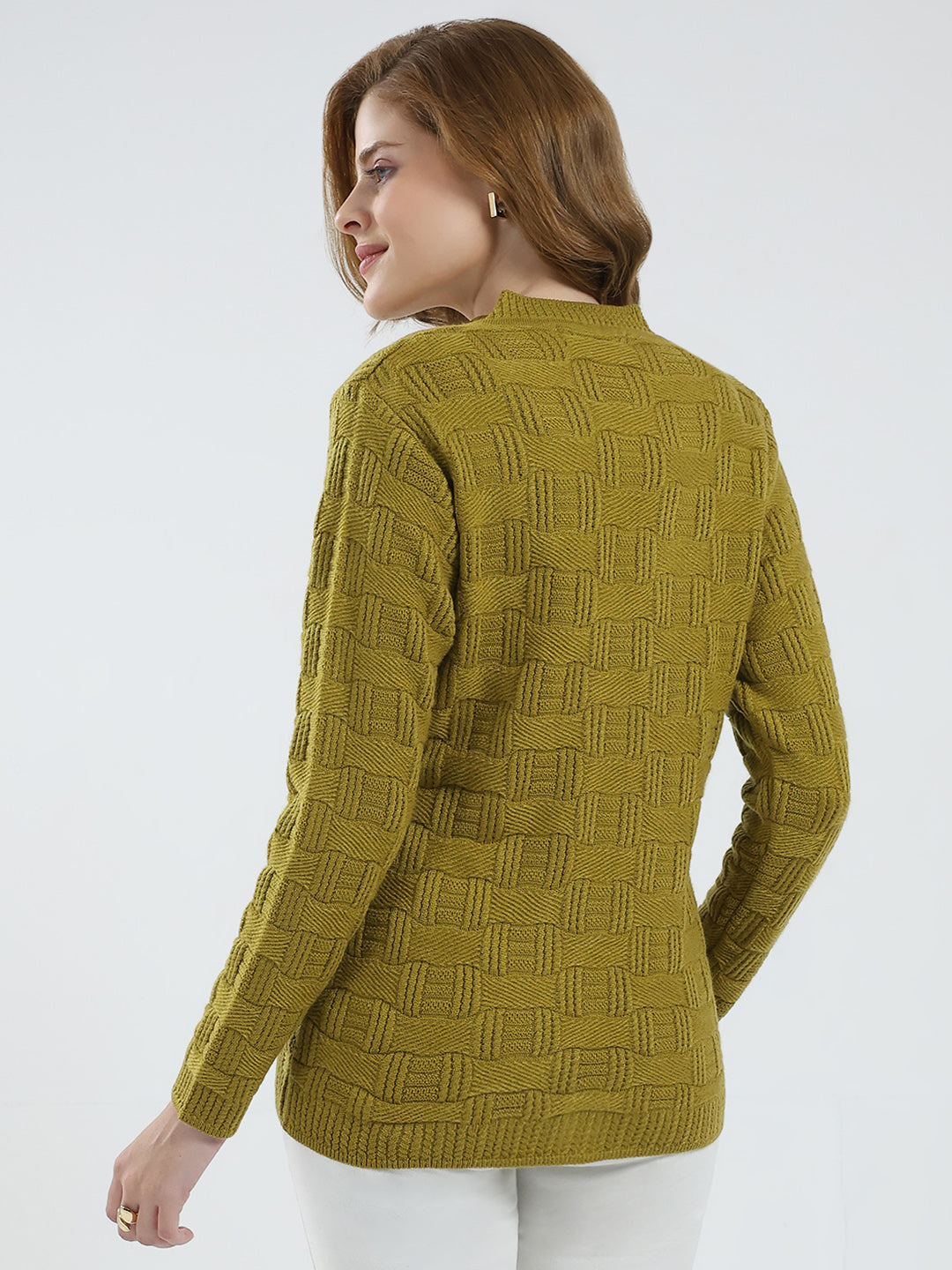 Women Mustard Self Design V Neck Full Sleeve Cardigan