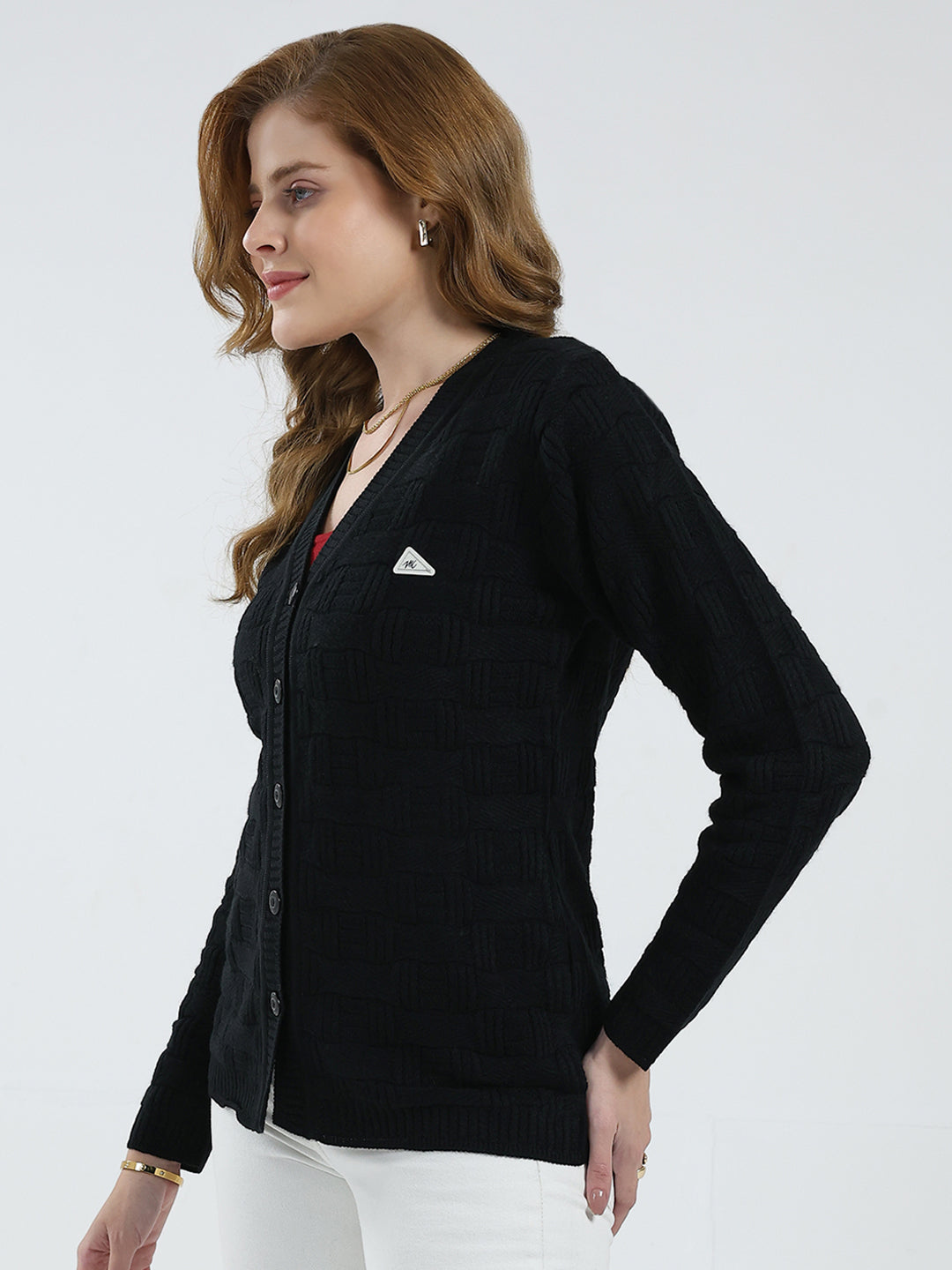 Women Black Self Design V Neck Full Sleeve Cardigan