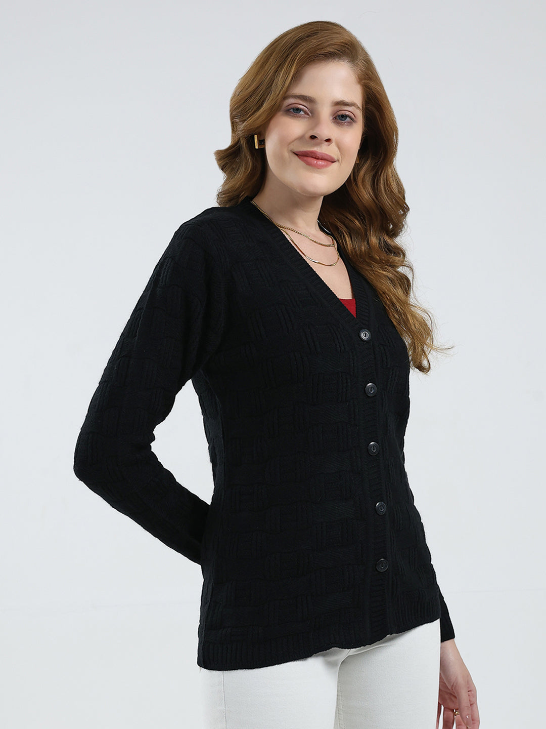 Women Black Self Design V Neck Full Sleeve Cardigan