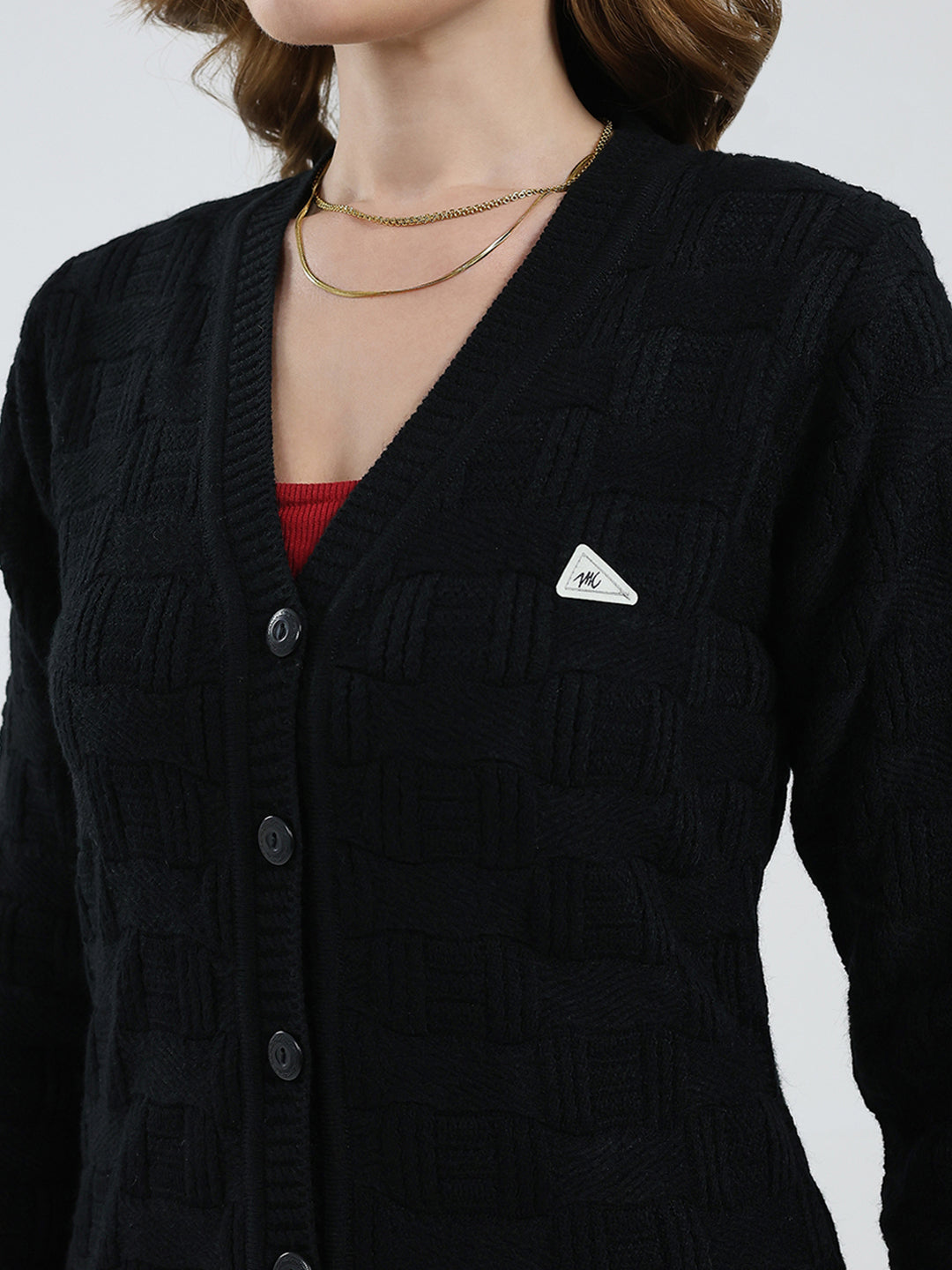 Women Black Self Design V Neck Full Sleeve Cardigan