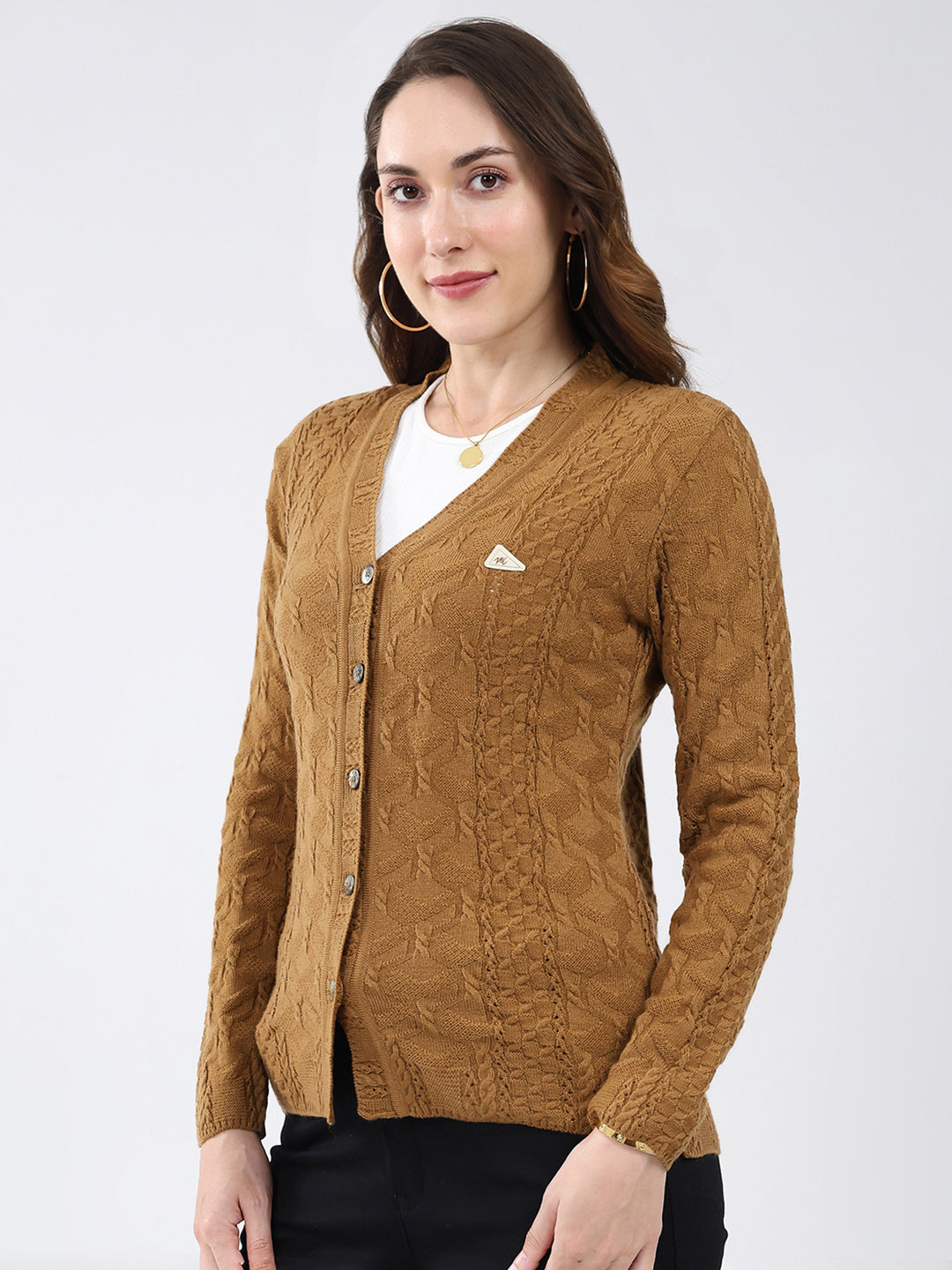 Women Mustard Self Design V Neck Full Sleeve Cardigan