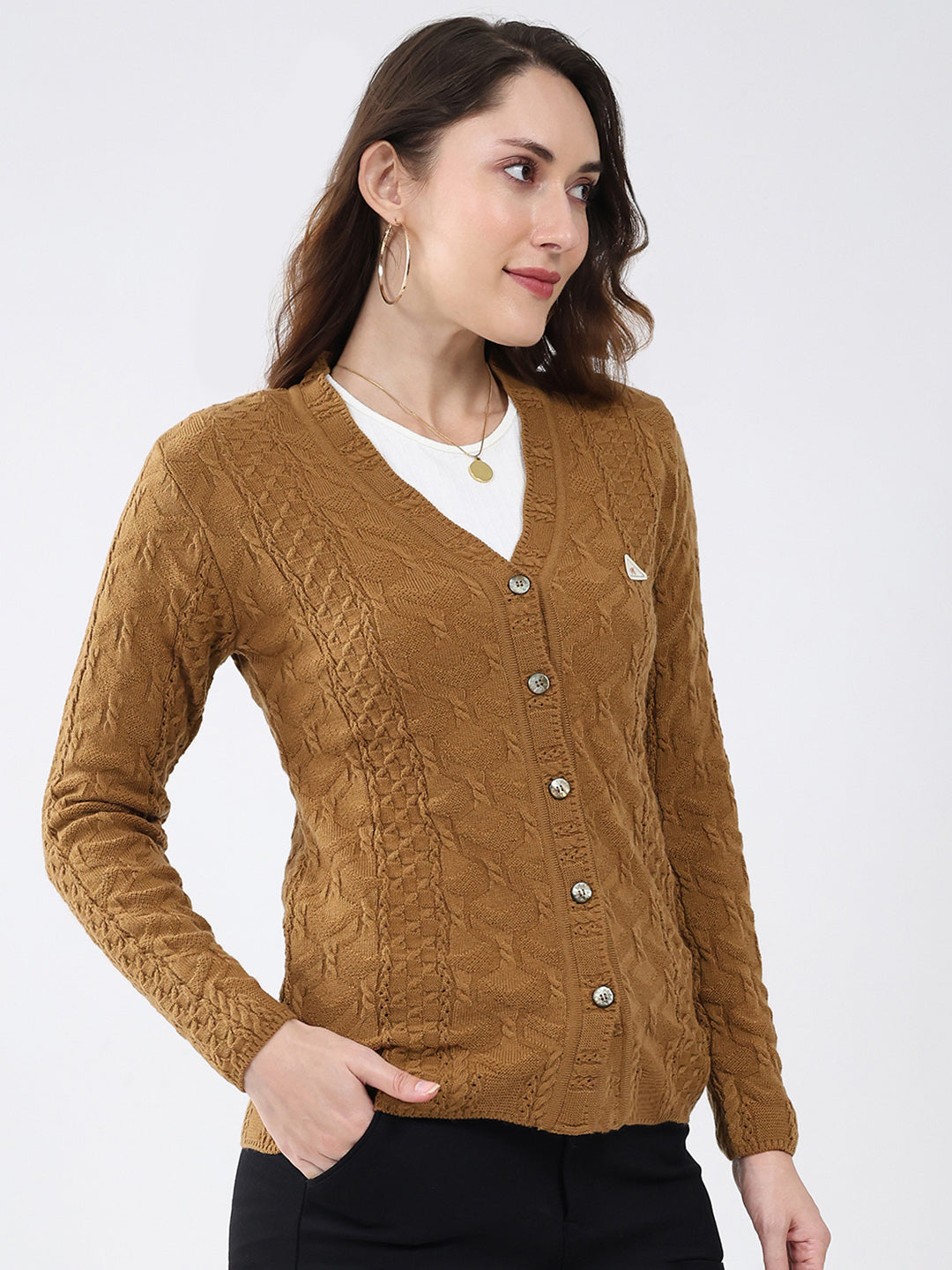Women Mustard Self Design V Neck Full Sleeve Cardigan