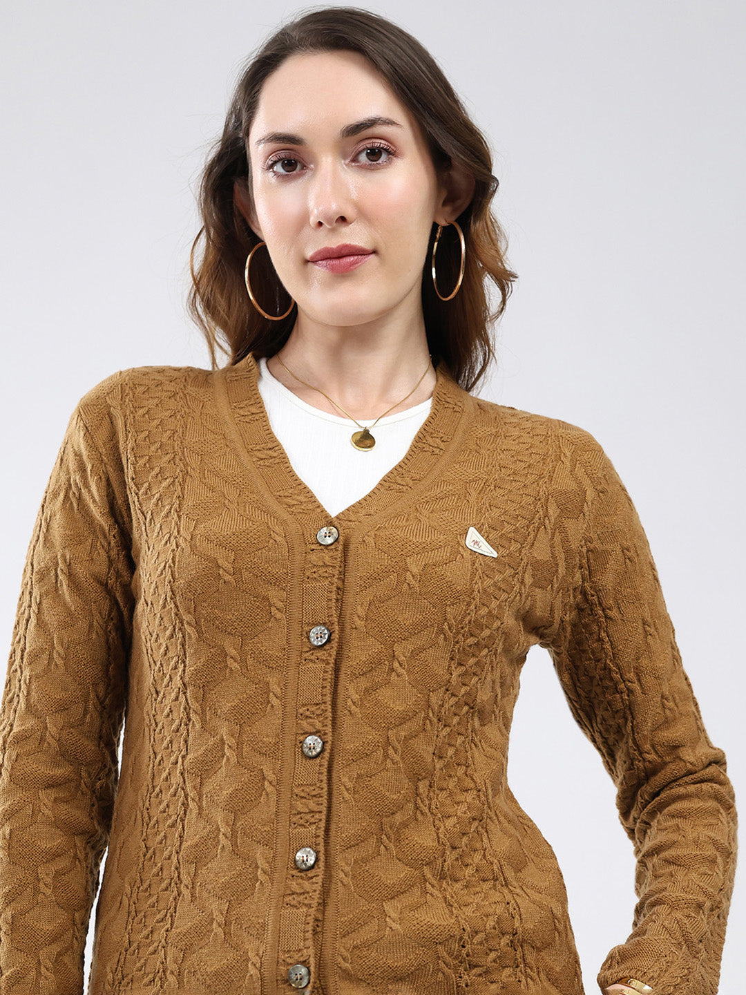 Women Mustard Self Design V Neck Full Sleeve Cardigan
