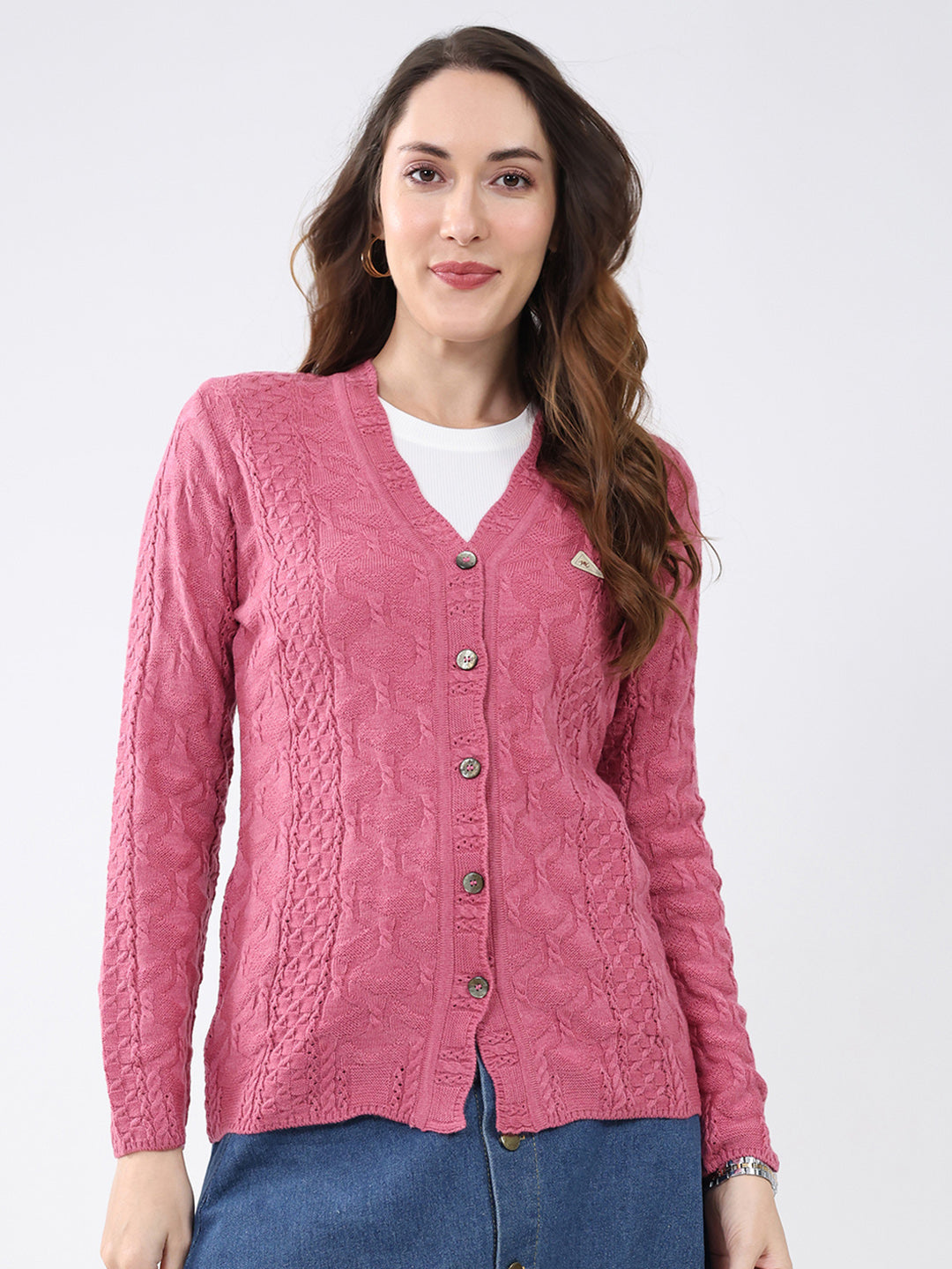 Women Pink Self Design V Neck Full Sleeve Cardigan