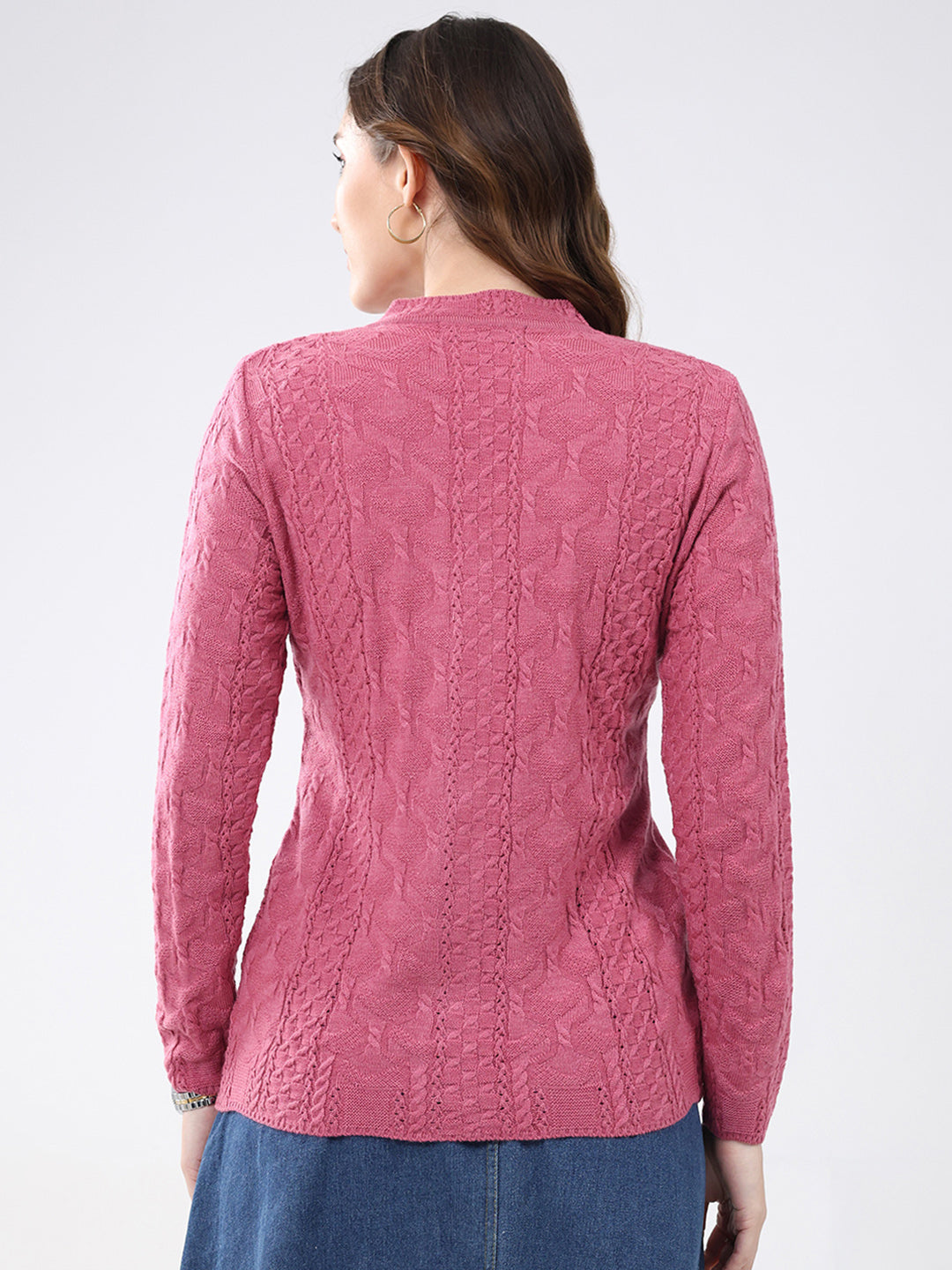 Women Pink Self Design V Neck Full Sleeve Cardigan