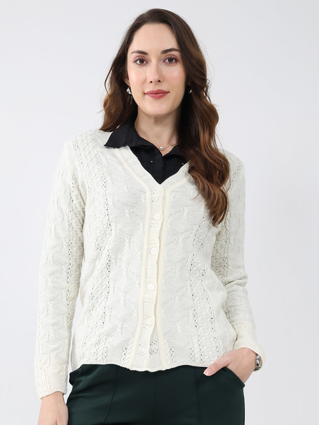 Women Cream Self Design V Neck Full Sleeve Cardigan