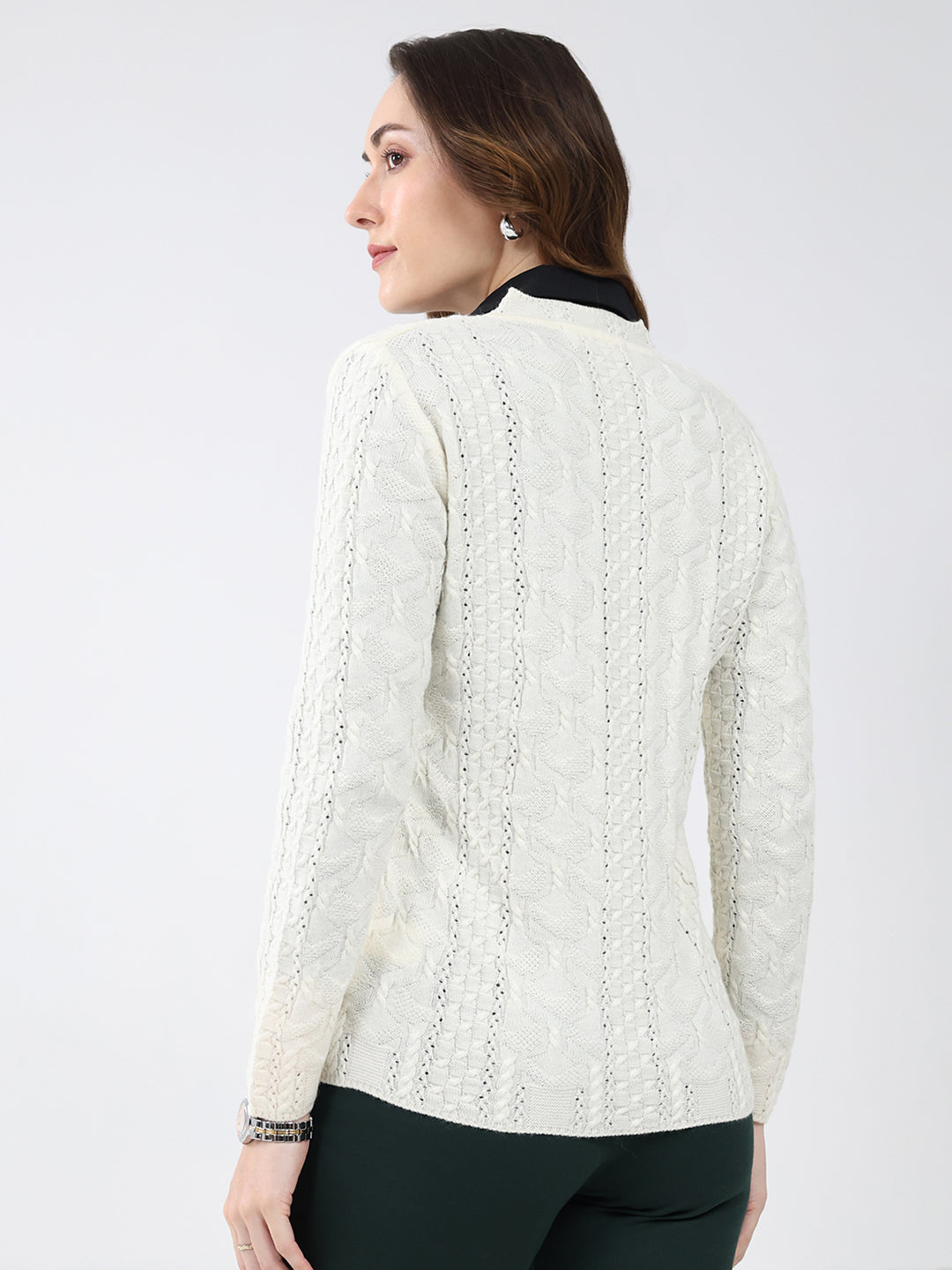 Women Cream Self Design V Neck Full Sleeve Cardigan