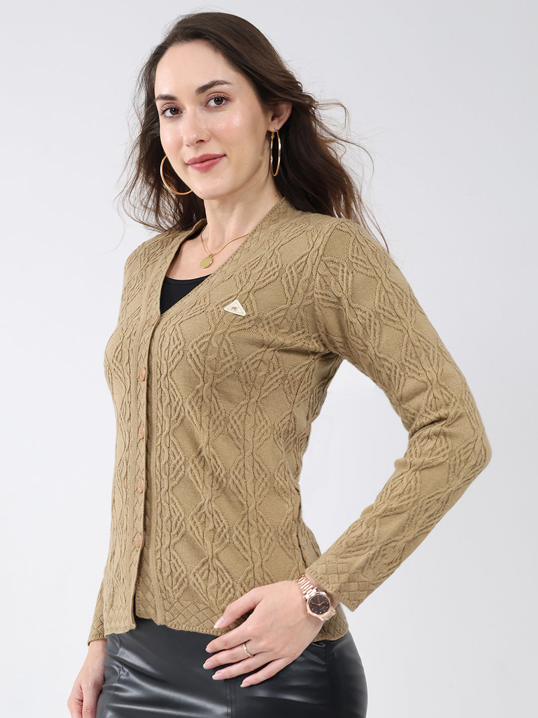 Women Khaki Self Design V Neck Full Sleeve Cardigan