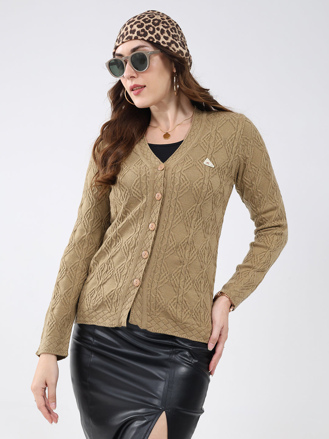 Women Khaki Self Design V Neck Full Sleeve Cardigan