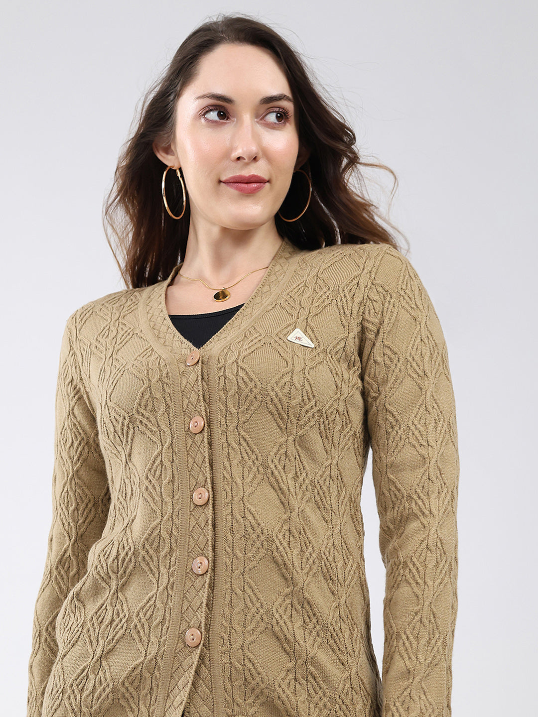 Women Khaki Self Design V Neck Full Sleeve Cardigan