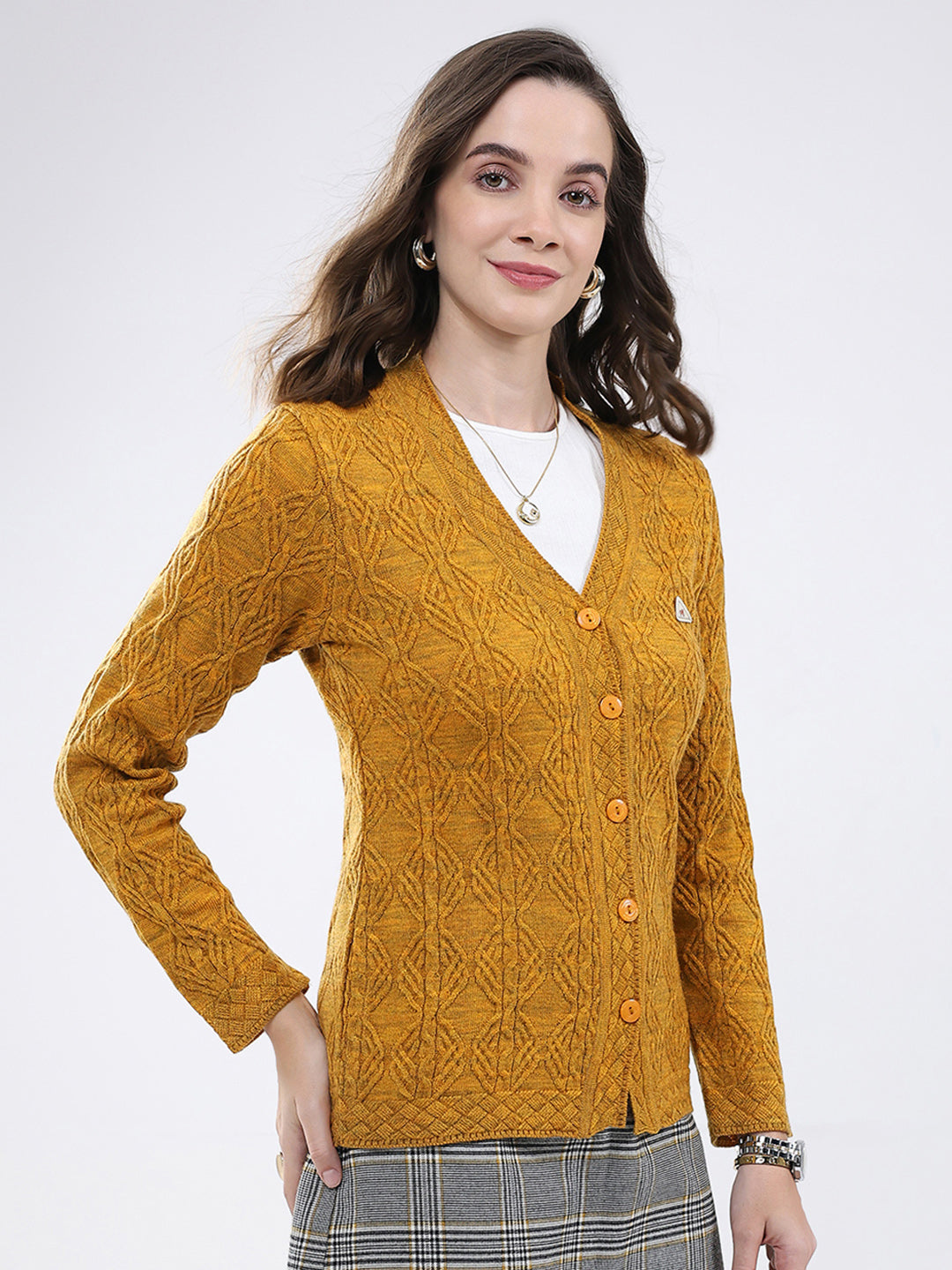 Women Mustard Self Design V Neck Full Sleeve Cardigan