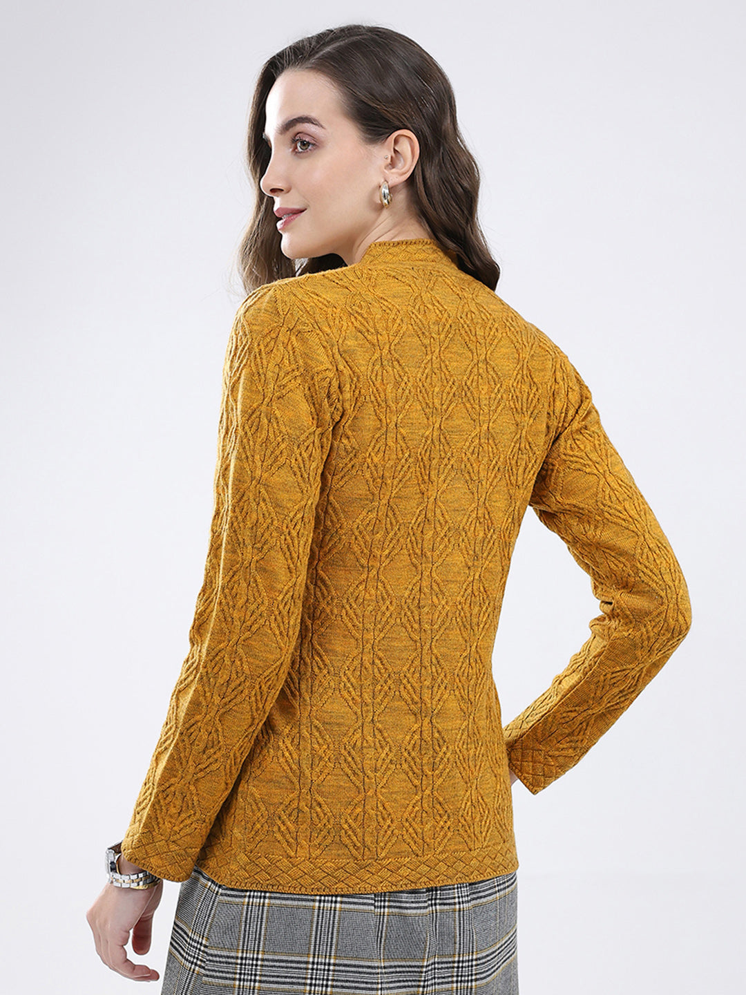 Women Mustard Self Design V Neck Full Sleeve Cardigan