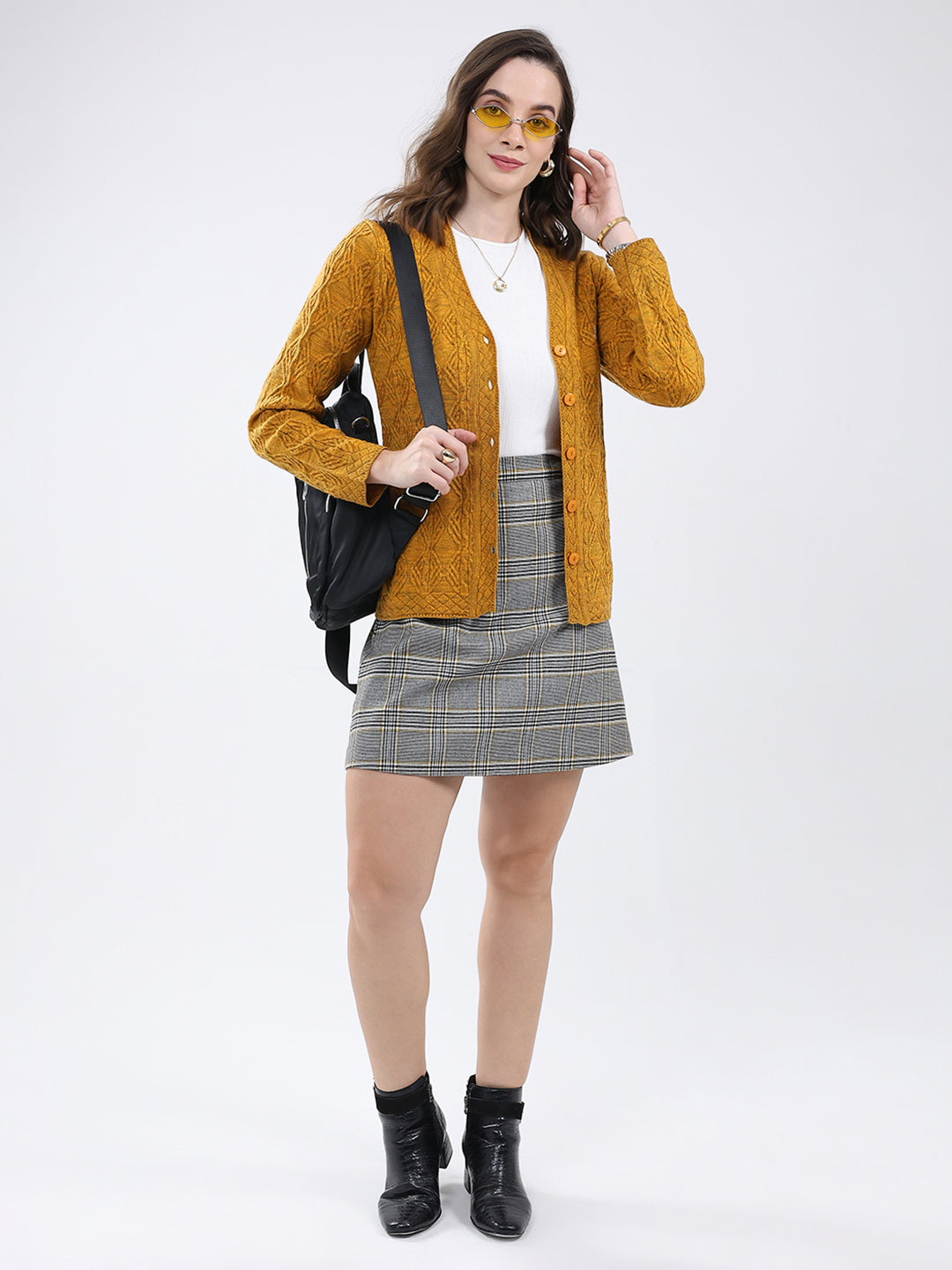 Women Mustard Self Design V Neck Full Sleeve Cardigan
