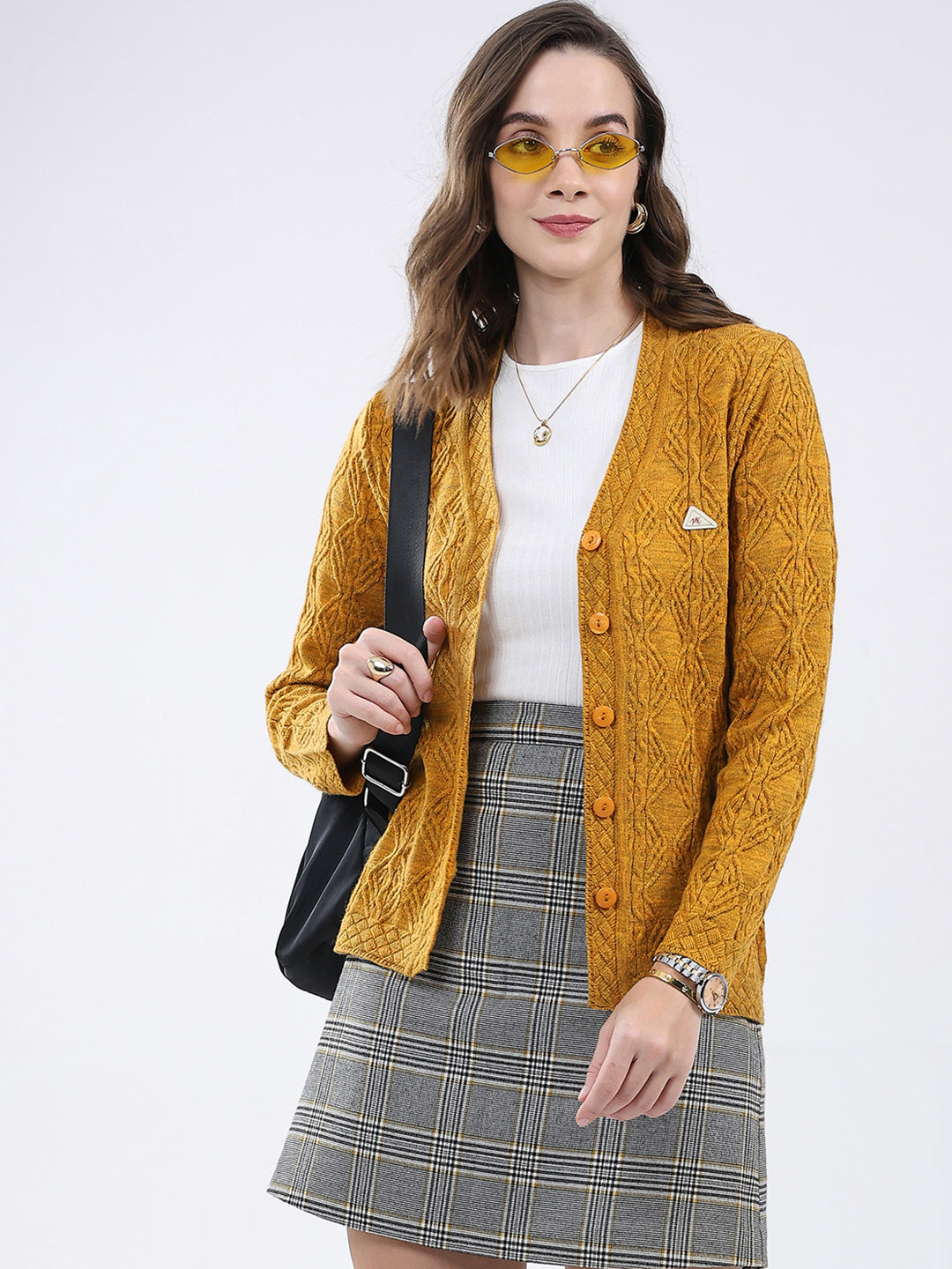 Women Mustard Self Design V Neck Full Sleeve Cardigan