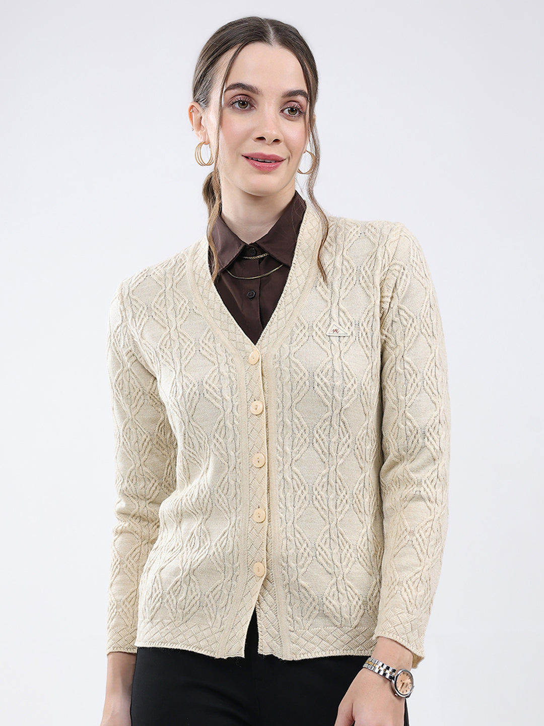 Women Beige Self Design V Neck Full Sleeve Cardigan