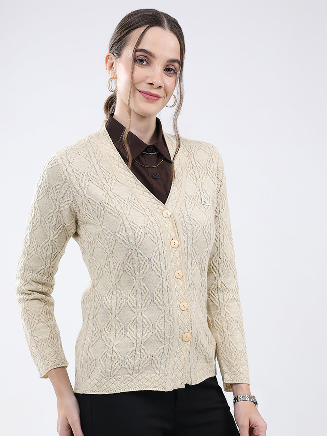 Women Beige Self Design V Neck Full Sleeve Cardigan