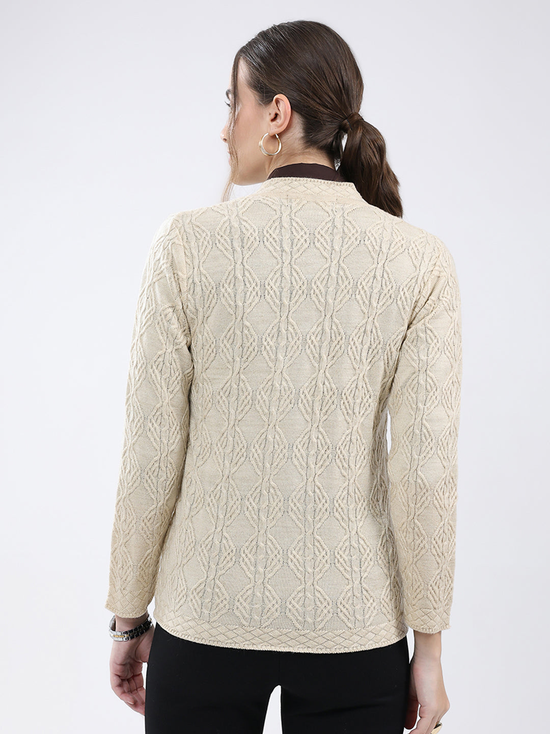 Women Beige Self Design V Neck Full Sleeve Cardigan
