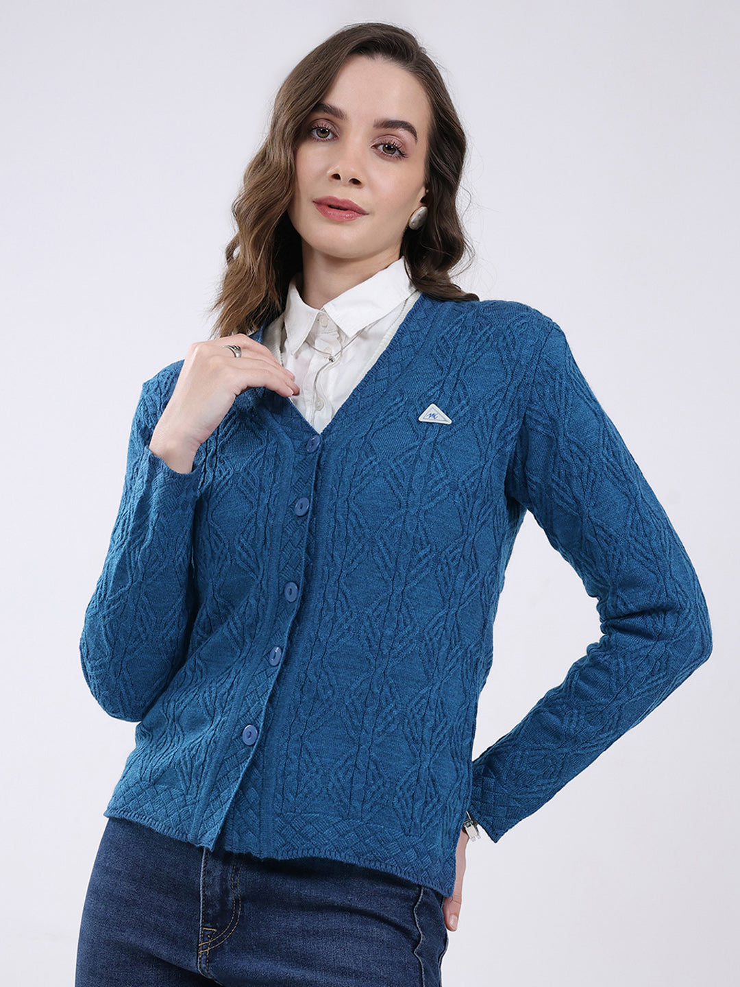 Women Blue Self Design V Neck Full Sleeve Cardigan