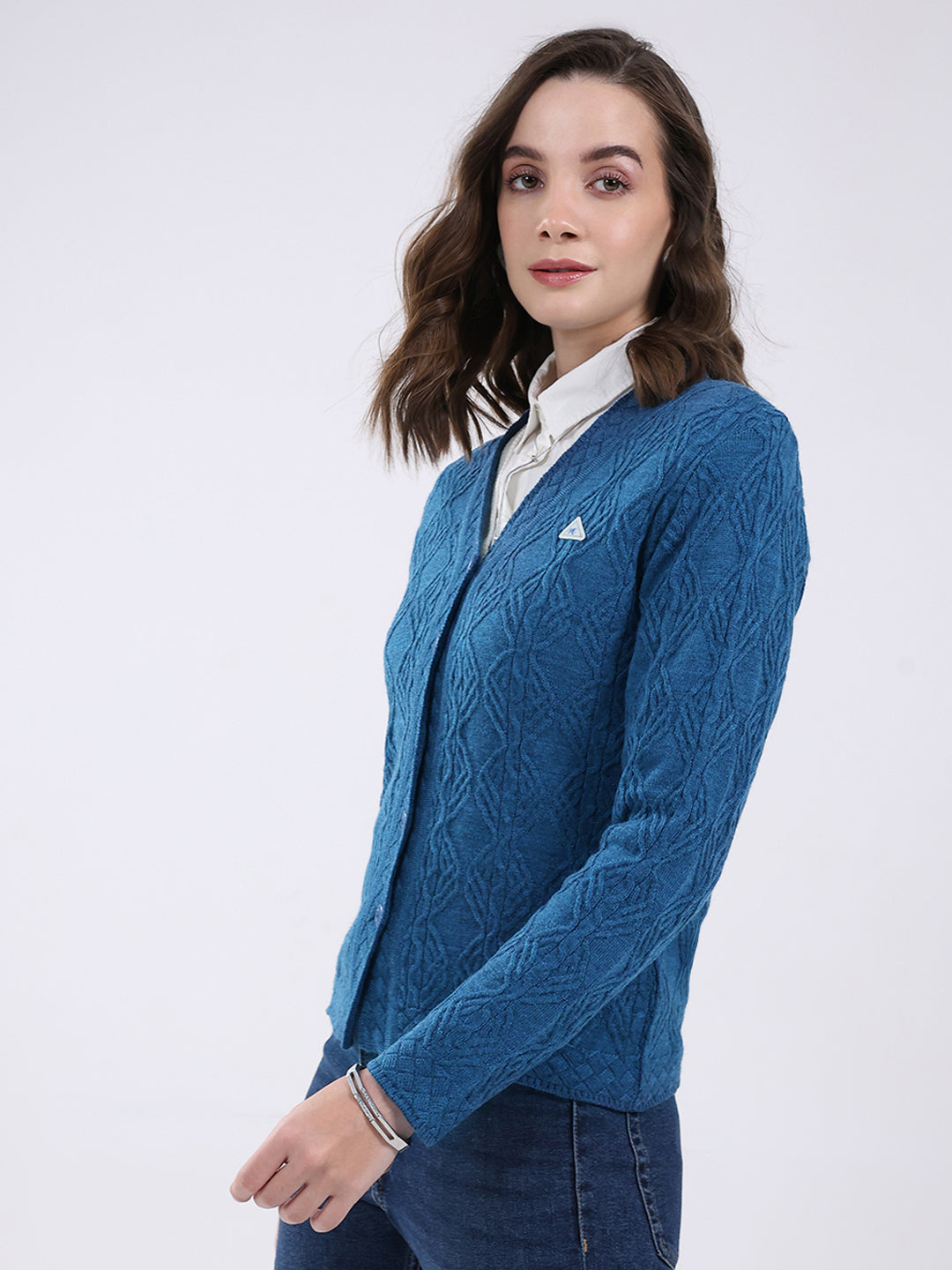 Women Blue Self Design V Neck Full Sleeve Cardigan