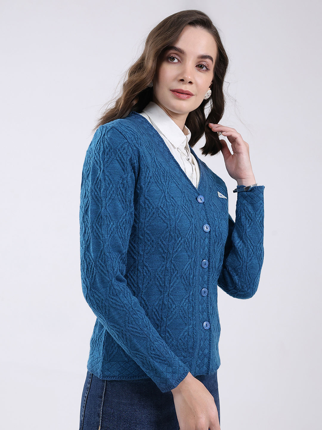 Women Blue Self Design V Neck Full Sleeve Cardigan