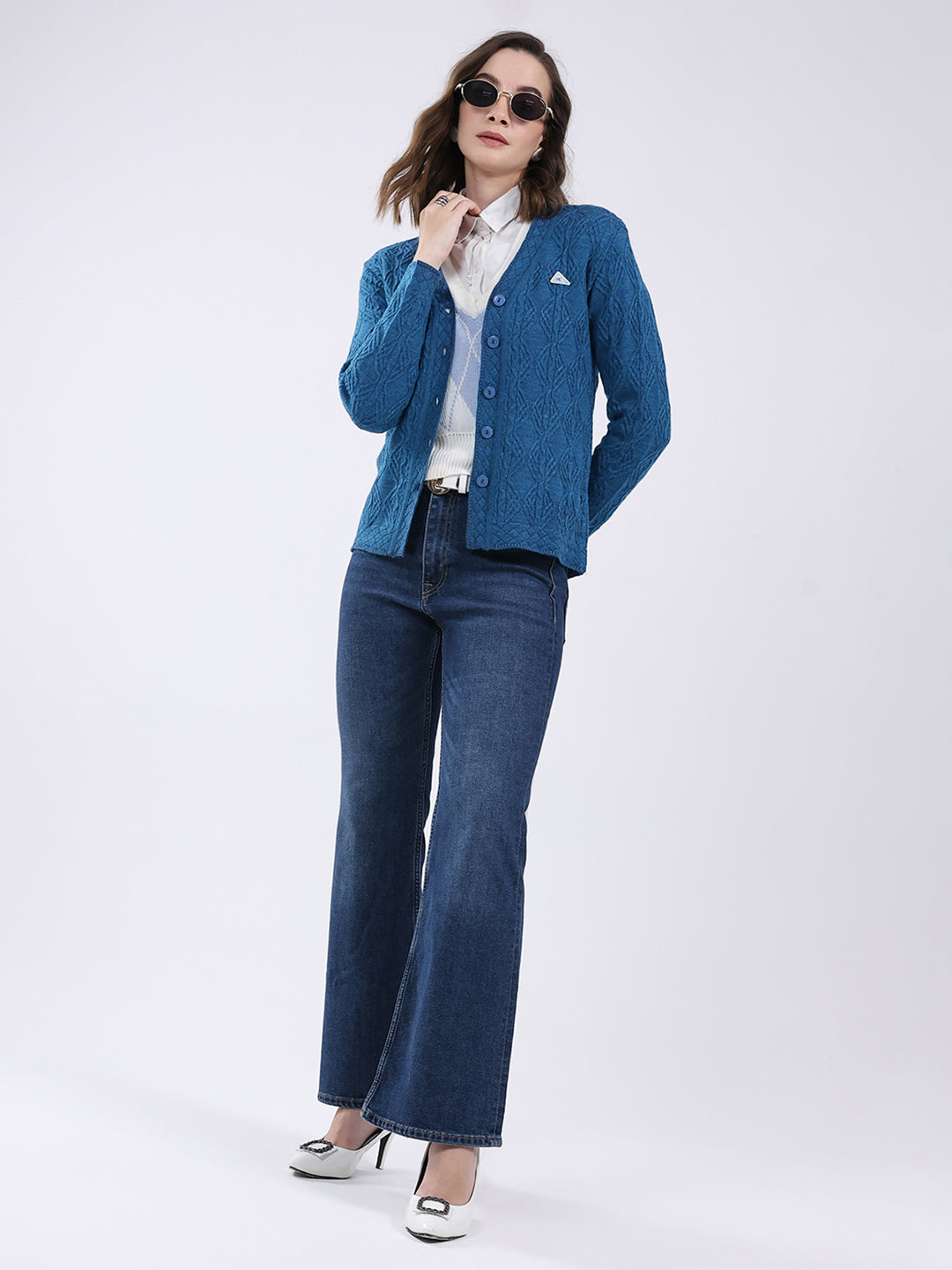 Women Blue Self Design V Neck Full Sleeve Cardigan