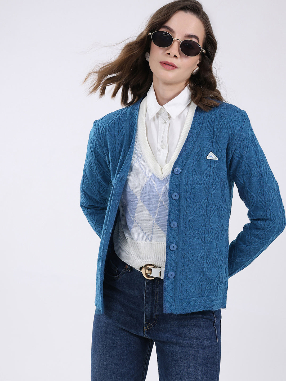 Women Blue Self Design V Neck Full Sleeve Cardigan
