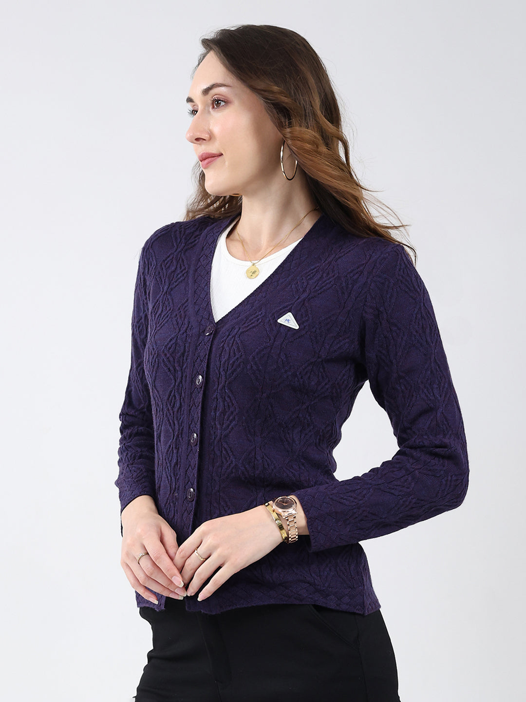Women Purple Self Design V Neck Full Sleeve Cardigan
