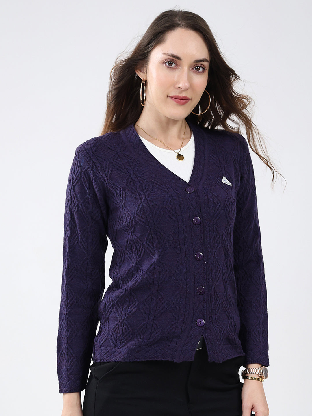 Women Purple Self Design V Neck Full Sleeve Cardigan