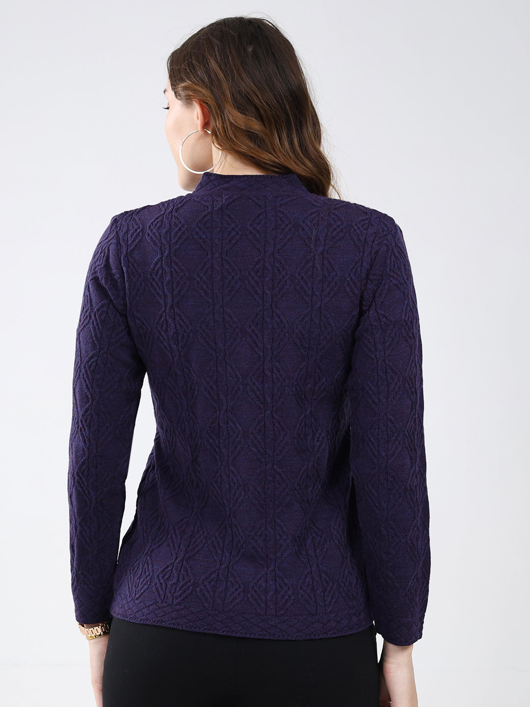 Women Purple Self Design V Neck Full Sleeve Cardigan