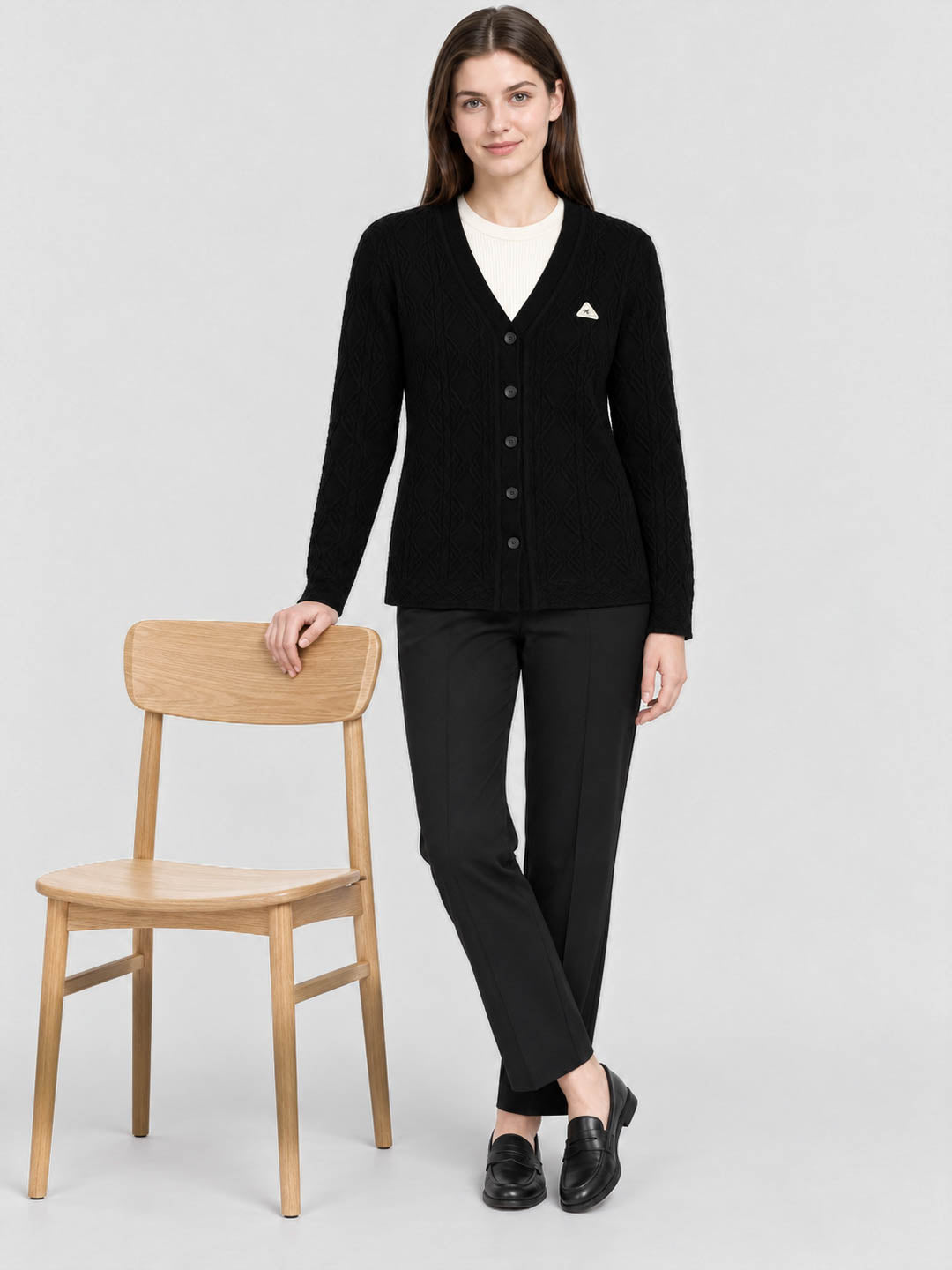 Women Black Self Design V Neck Full Sleeve Cardigan