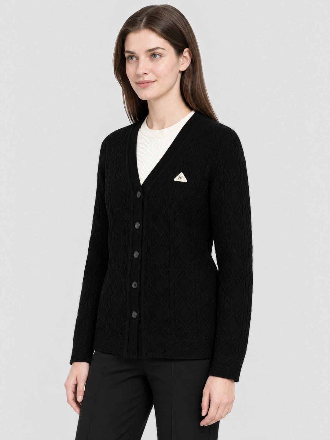 Women Black Self Design V Neck Full Sleeve Cardigan