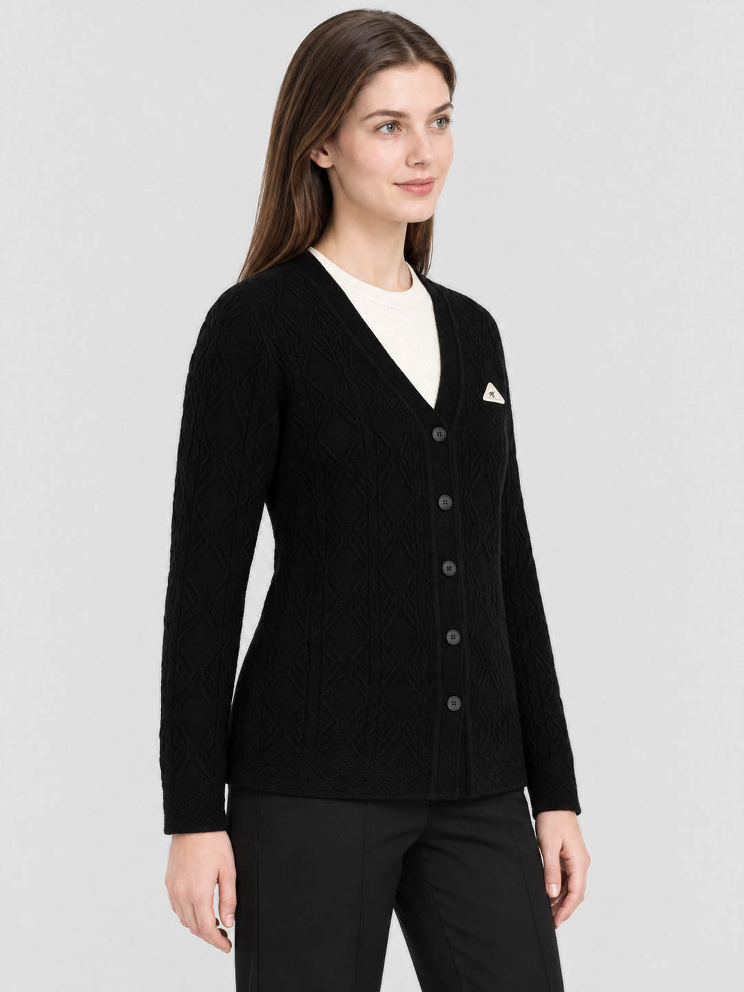 Women Black Self Design V Neck Full Sleeve Cardigan
