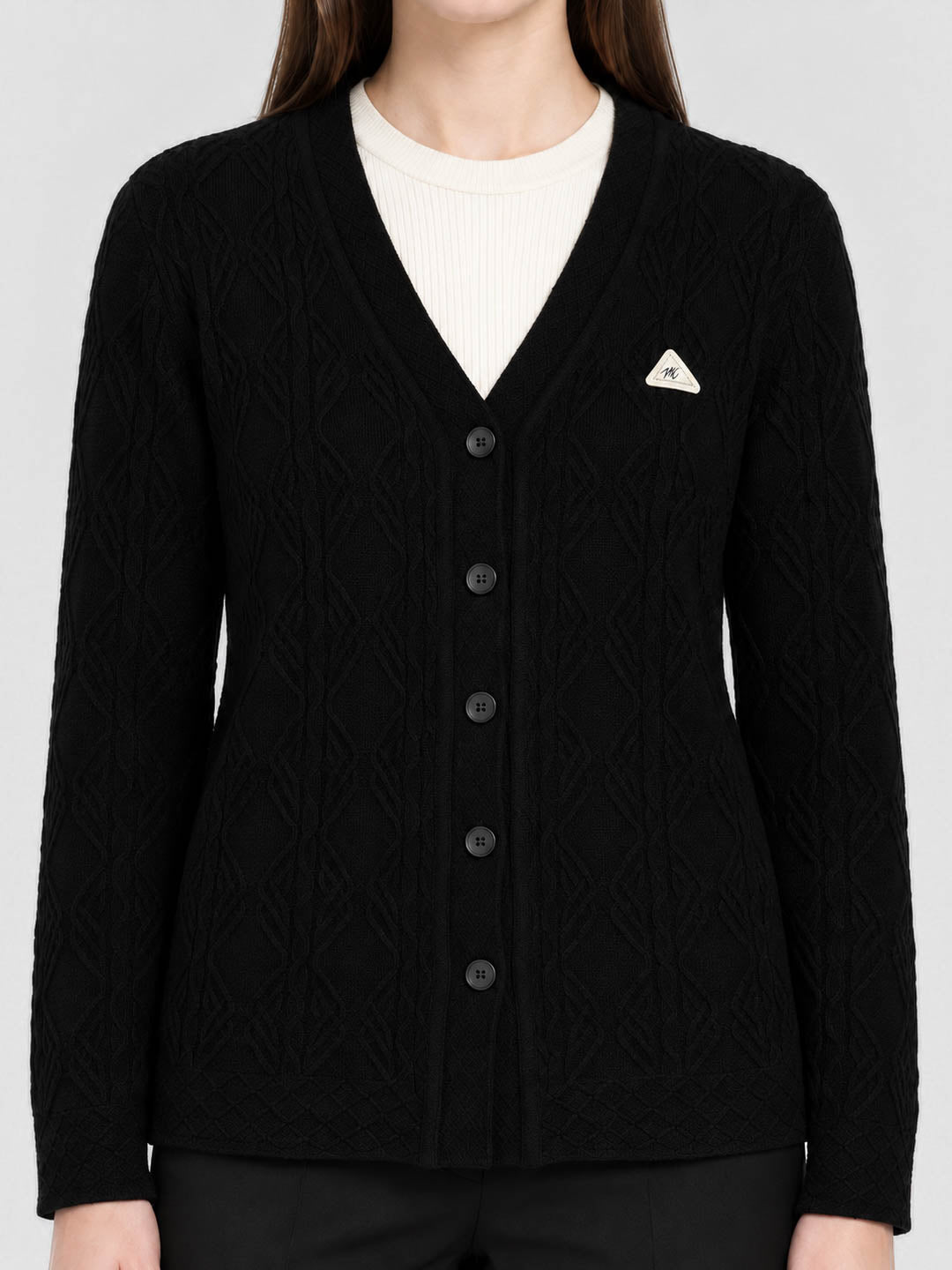 Women Black Self Design V Neck Full Sleeve Cardigan