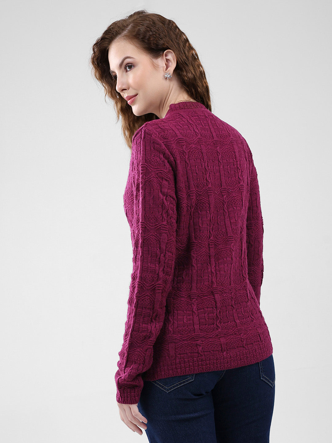 Women Purple Self Design V Neck Full Sleeve Cardigan