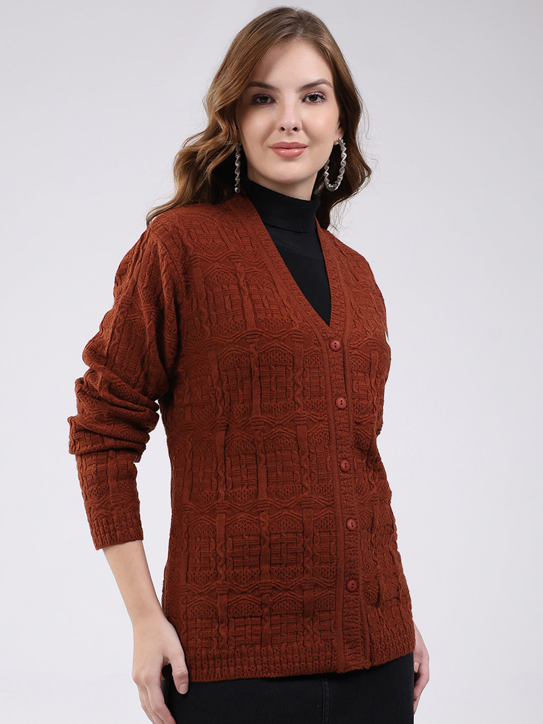 Women Brown Self Design V Neck Full Sleeve Cardigan