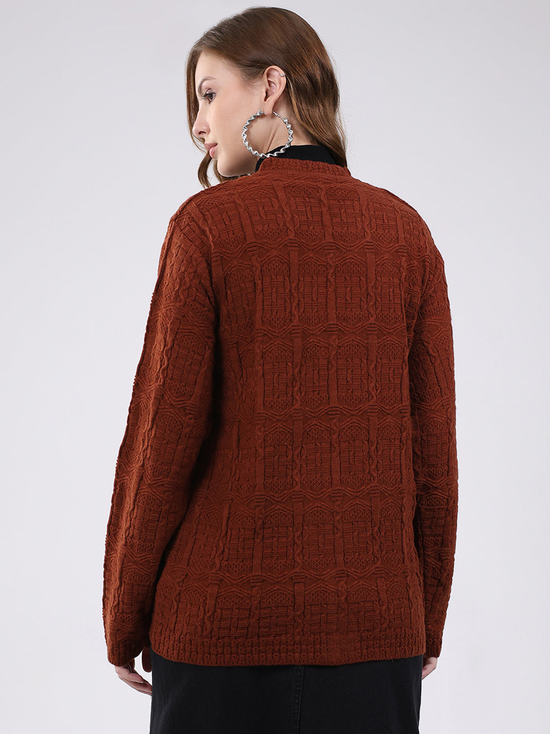 Women Brown Self Design V Neck Full Sleeve Cardigan
