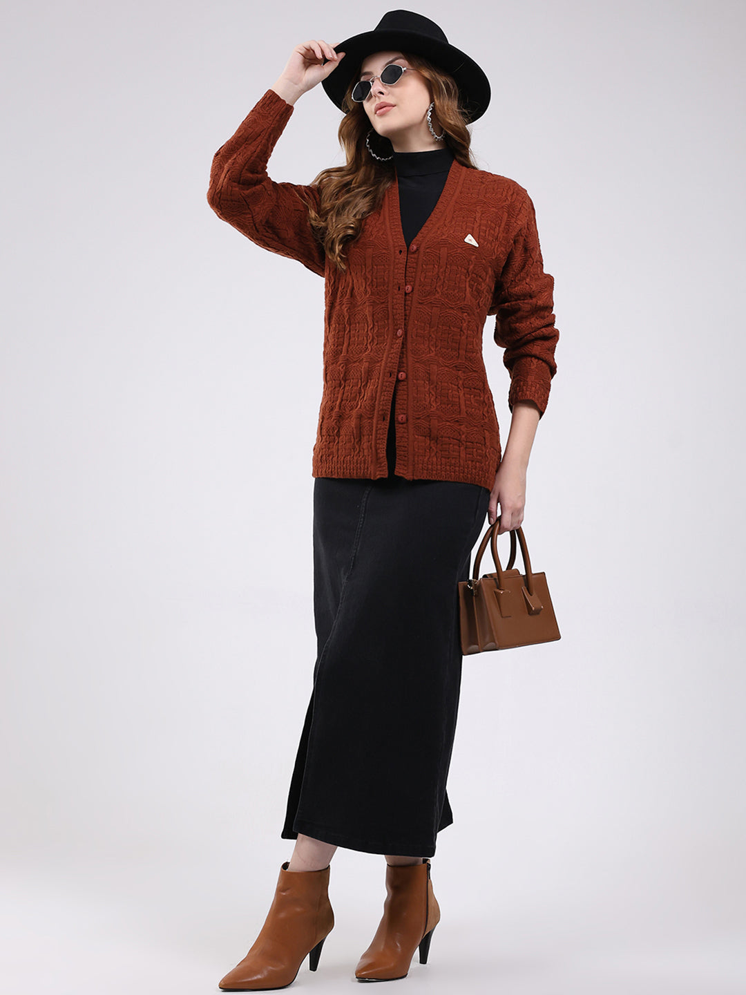 Women Brown Self Design V Neck Full Sleeve Cardigan