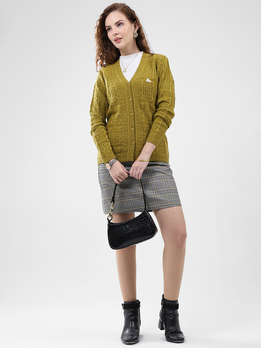 Women Mustard Self Design V Neck Full Sleeve Cardigan