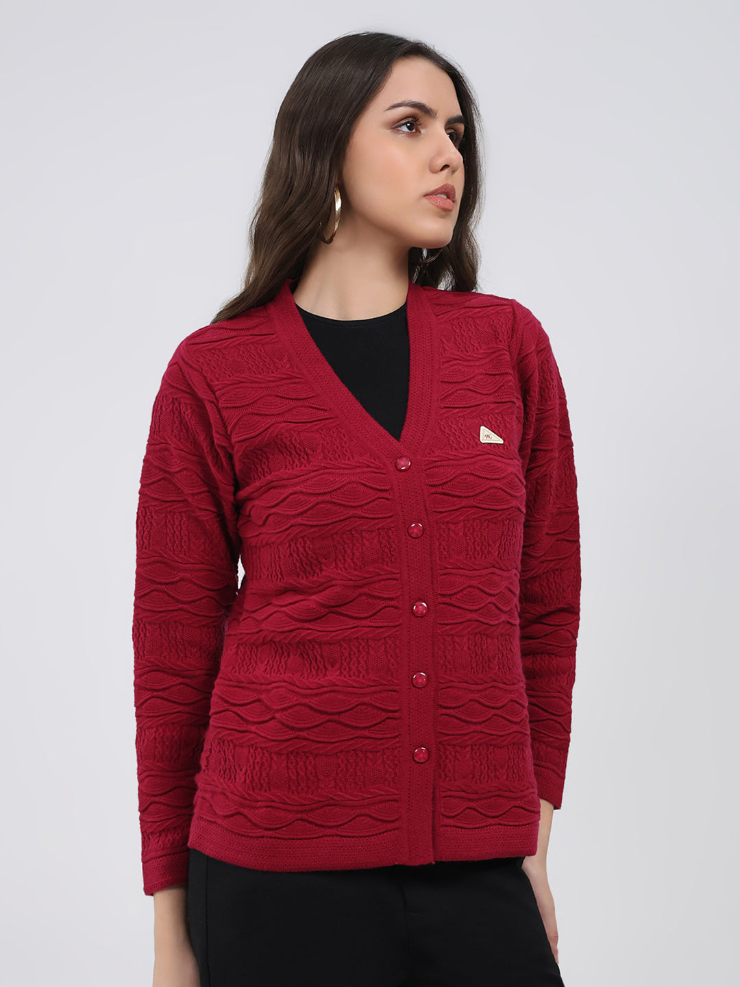 Women Maroon Self Design V Neck Full Sleeve Cardigan