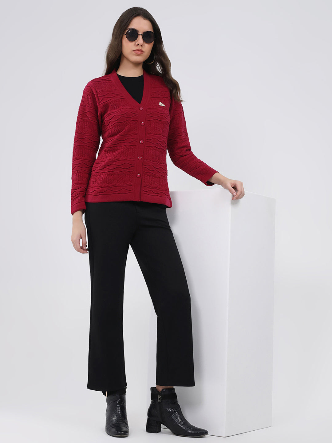 Women Maroon Self Design V Neck Full Sleeve Cardigan