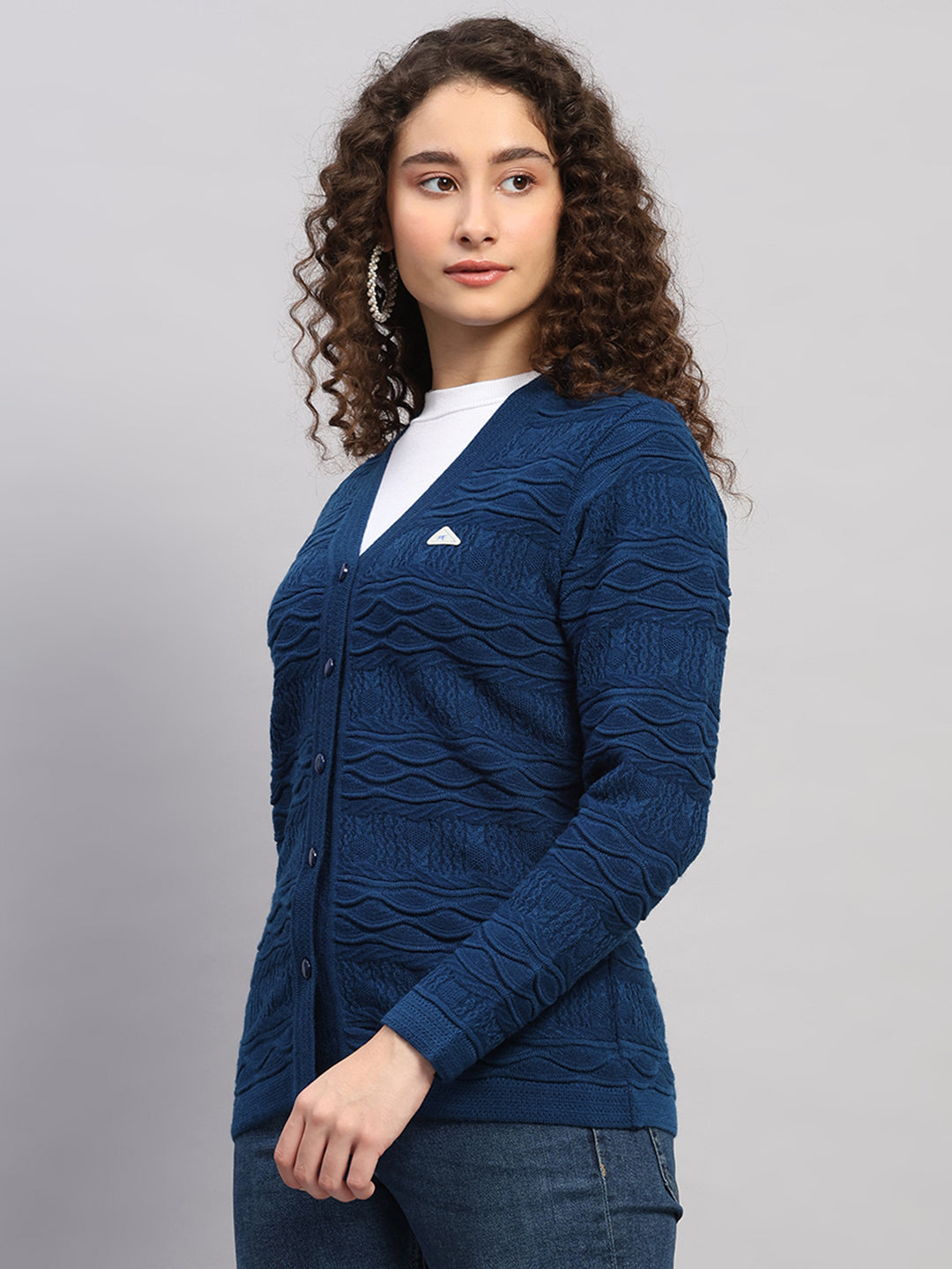 Women Blue Self Design V Neck Full Sleeve Cardigan