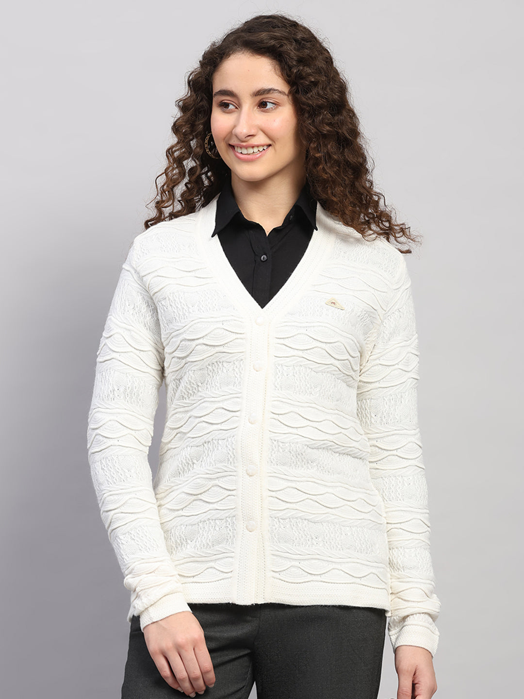 Women White Self Design V Neck Full Sleeve Cardigan