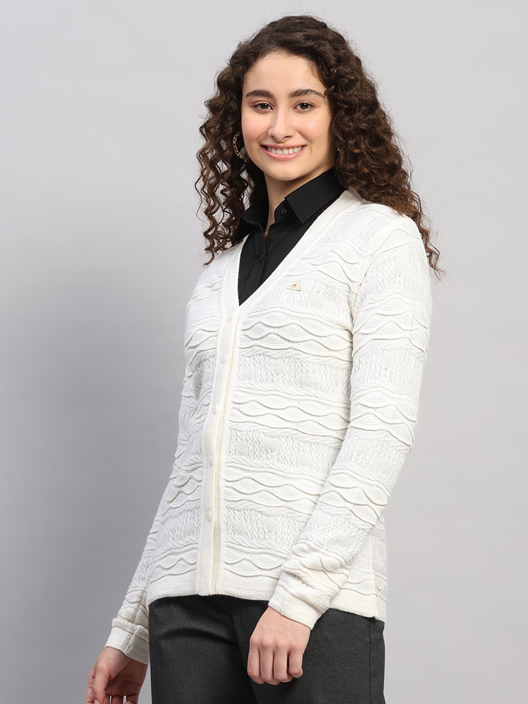 Women White Self Design V Neck Full Sleeve Cardigan