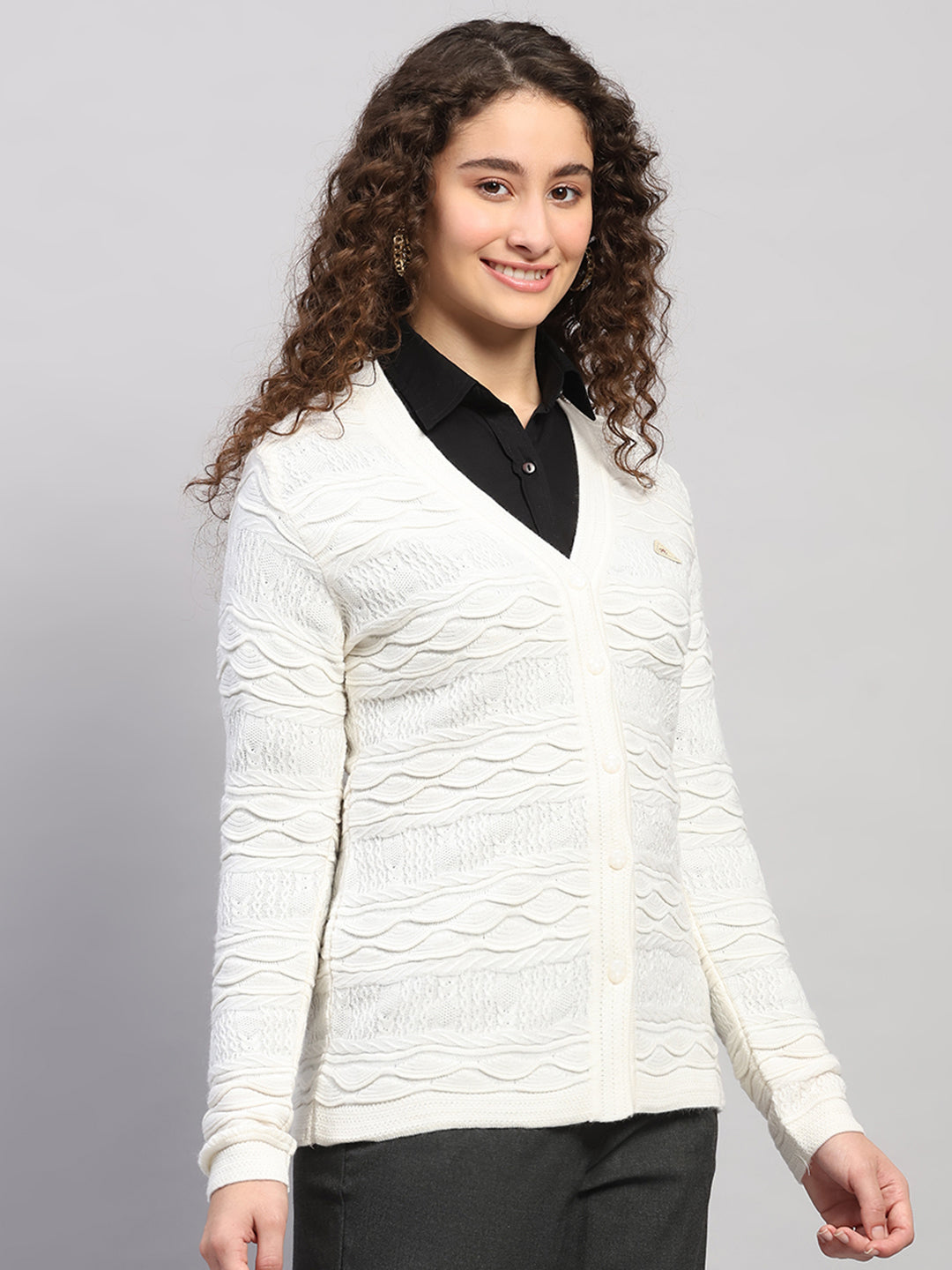 Women White Self Design V Neck Full Sleeve Cardigan