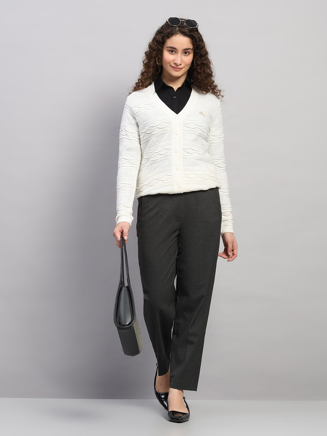 Women White Self Design V Neck Full Sleeve Cardigan