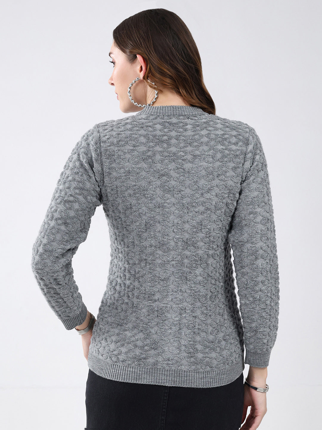 Women Grey Self Design V Neck Full Sleeve Cardigan