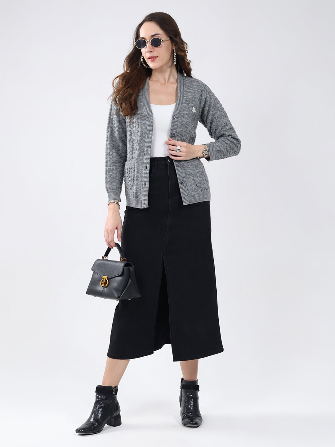 Women Grey Self Design V Neck Full Sleeve Cardigan