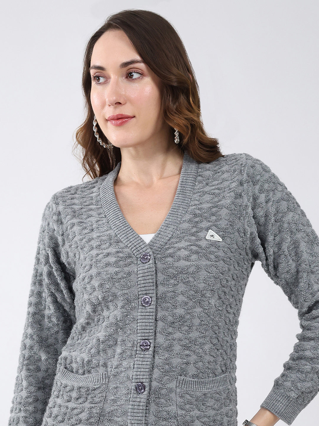 Women Grey Self Design V Neck Full Sleeve Cardigan