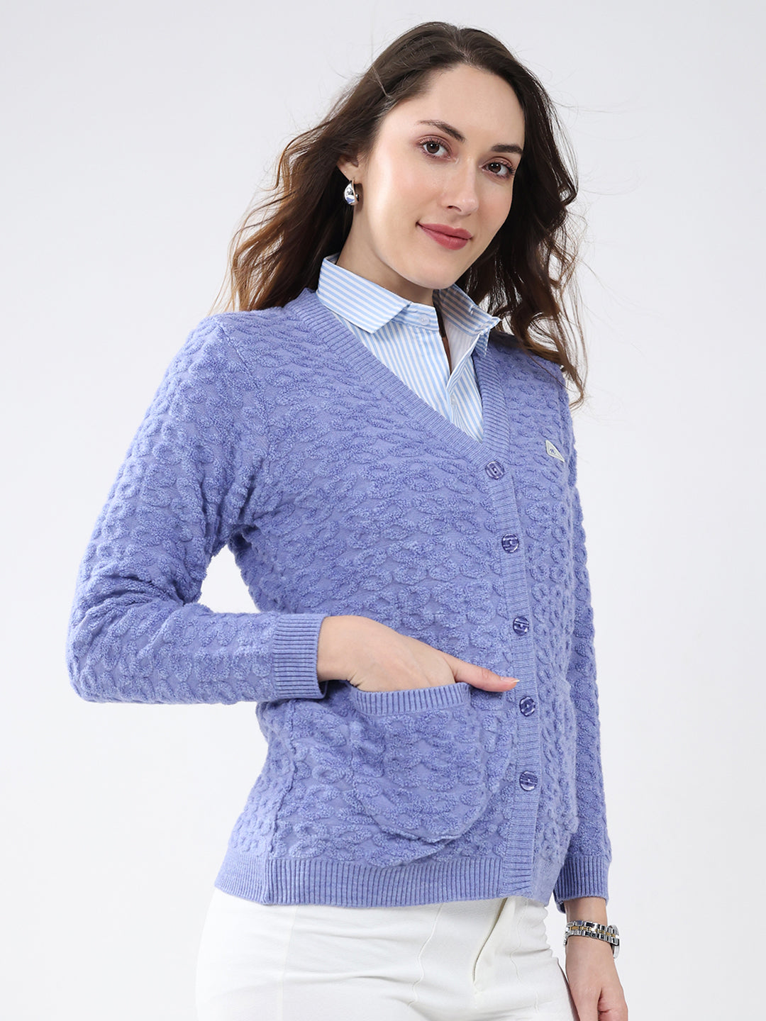 Women Purple Self Design V Neck Full Sleeve Cardigan